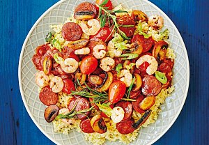 Chorizo s krevetami a bulgurem