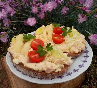 Česnekovo-vaječná pomazánka se šunkou a sýrem